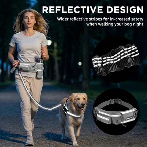 Hands Free Dog Leash with Waist Pack Bungee for Running Gray - color: Gray