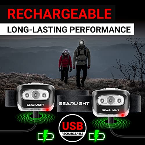 GearLight USB Rechargeable Headlamp Flashlight for Running, Camping, and Outdoor LED Headlight Camping Headlamps - Head Lamp Light for Adults, Kids, Emergency Gear - Black - 2 Pack - size: 2 Pack, Rechargeable (USB)