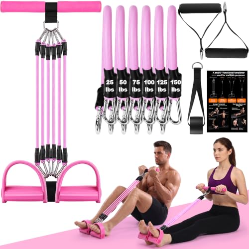 Arrowbash Upgrade 6 Tubes Foot Pedal Resistance Band Adjustable Pedal Puller Resistance Band with Handle Multifunction Fitness Bands for Men Women Abdomen Arm Leg Stretching - color: Pink, size: 150 Lbs