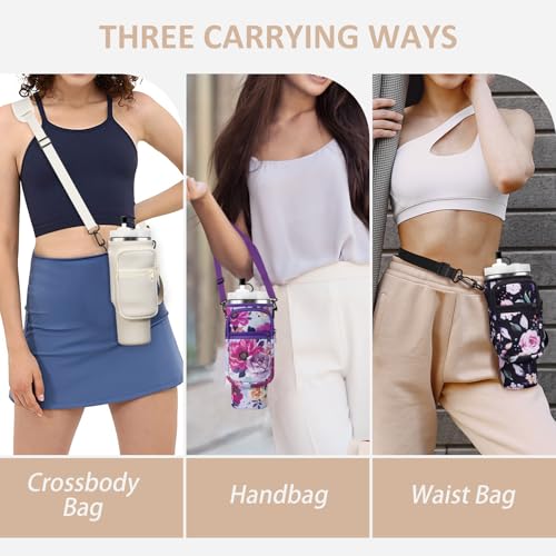 AceTreker Water Bottle Carrier Bag with Strap for Stanley 40/30 oz Tumbler Neoprene Insulated Cup Holder Sleeve with Phone Pocket & Straw Cover for Stanley Cup Accessories - color: 02-Black Flower, style: 40 Oz