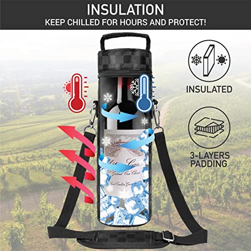 opux Single Bottle Wine Bag Carrier, Insulated Cooler Tote, Black Squares - color: Black Square