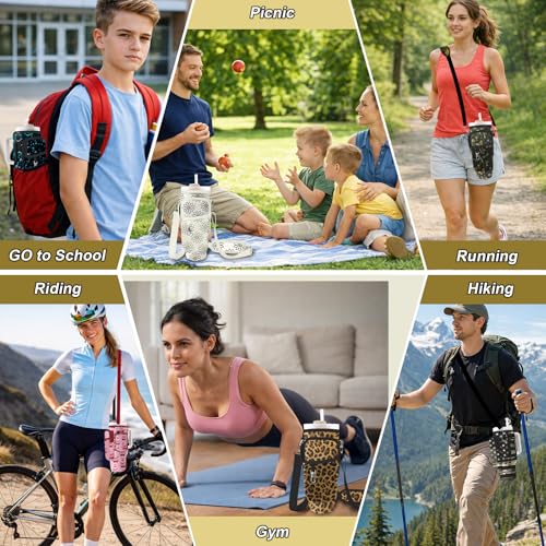 Water Bottle Carrier Bag for Stanley Cup 40/30oz, Neoprene Water Bottle Holder Pouch with 3 Pocket Adjustable Shoulder & Hand Strap - color: Rose Red