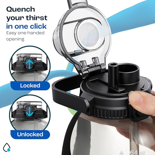 AQUAFIT 64 oz Water Bottle with Handle, 2in1 Lid - color: Gray