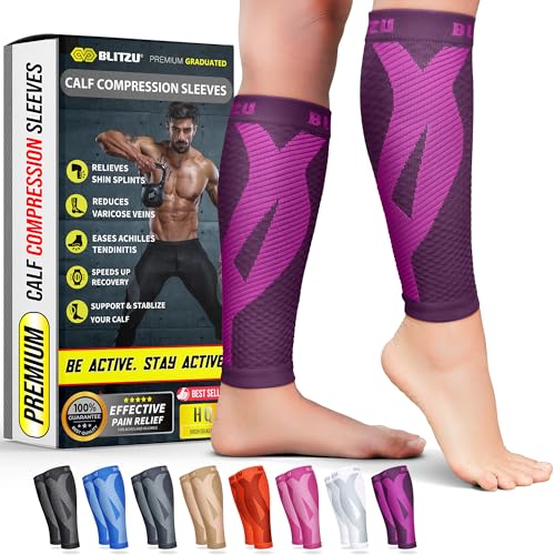 BLITZU Calf Compression Sleeves, Footless Compression Socks for Men & Women - color: Purple, size: Small/Medium