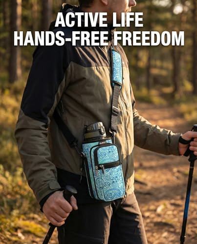 AUPET Water Bottle Sling Bag Sleeve Holder Carrier 25/32/40/64 oz,Insulated Crossbody Water Bottle Case Cover with Strap and Pockets for Men/Women Walking Hiking - color: blue feather, size: 25oz