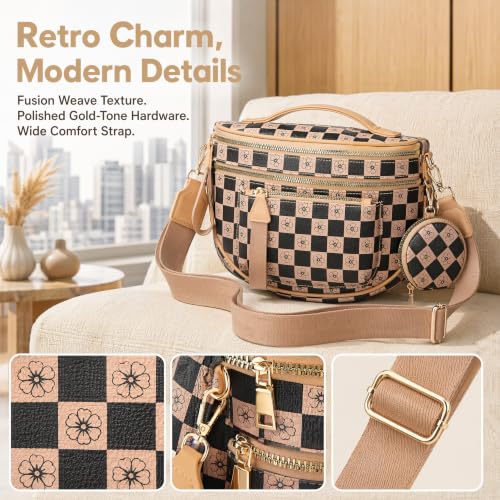 Makes Checkered Crossbody Bag Bum Bag for Women with Pouch - color: Khaki Checkered
