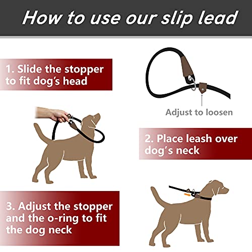 PetiFine Slip Lead Dog Leash Reflective, 6FT x 1/2" Heavy Duty Slip Leash - color: Black, size: 1/2" x 6 FT