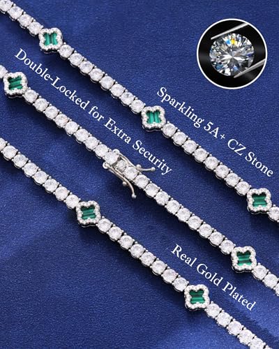 LuxeFlex 4mm Iced Out Four Leaf Tennis Chain,White Gold Plated with 5A Zircon Stones, exquisite Handmade Hip Hop Bling Necklace Perfect Unisex Jewelry Gift - color: White Gold-Green, size: 20 INCH
