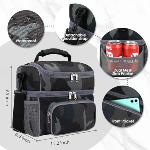 FlowFly Double Layer Cooler Insulated Lunch Bag Adult Lunch Box Large Tote Bag for Men, Women, With Adjustable Strap,Front Pocket and Dual Large Mesh Side Pockets - color: Black#Camo