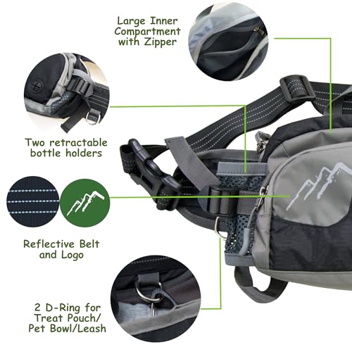 Dog Walking Fanny Pack with Removable Treat Pouch & 2 Retractable 300ml Water Bottle Holders, No Spill Magenetic Clasp - Hands-Free Pouches Training Waist Bag for Dog Owners, Poop Bag Dispenser