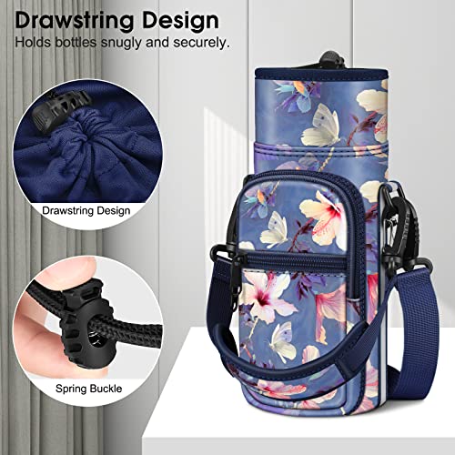 CaseBot Water Bottle Carrier Bag Sling Case, Sports Water Bottle Pouch Holder Sleeve with Adjustable Shoulder Hand Strap and 2 Pockets for Men Women Hiking Camping Travelling - color: Blooming Hibiscus