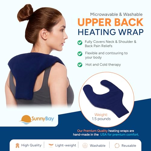 SunnyBay Shoulder and Upper Back Heating Pad, Microwavable Heated Neck and Shoulder Wrap, Weighted Moist Pain Relief Pack with Washable Cover and Flax Seed Filling, Medium, Navy Blue - size: Medium