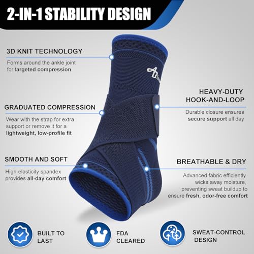 ABIRAM Ankle Brace Compression Sleeve with Adjustable Support Strap - color: Blue, size: X-Large
