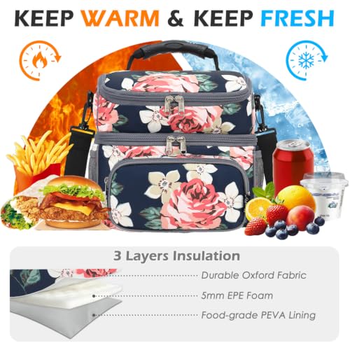 FlowFly Double Layer Cooler Insulated Lunch Bag Adult Lunch Box Large Tote Bag for Men, Women, With Adjustable Strap,Front Pocket and Dual Large Mesh Side Pockets - color: Peony