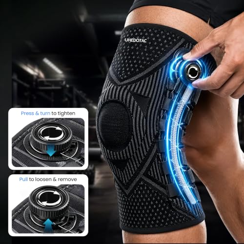 Knee Brace with Dial Adjustment, Adjustable Compression Knee Support with Patella Gel Pad & Side Stabilizers, Running Knee Brace Joint Pain Relief Brace for Workout, Arthritis, Meniscus Support, Complete Joint Support Kit Includes Wrist Wrap (XL,Left) - s