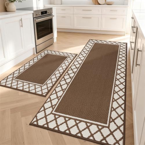 COSY HOMEER Washable Kitchen Rugs Sets of 2 Non-Slip Kitchen Mats,Browm - color: Brown, size: 24"x35" + 24"x60"
