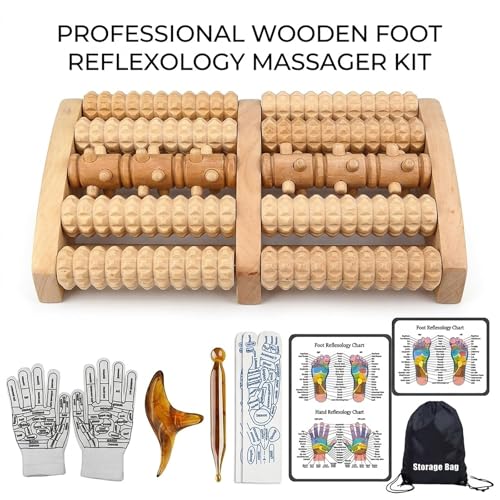 Wooden Foot Massager Roller with Reflexology Socks and Gloves Tools Set for Circulation, Pain Relief in Wide Feet, Health Promotion, Gift for Mom, Dad, or Elderly
