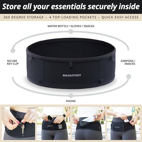 Build & Fitness LiteBelt Running Belt – 4 Quick Top-Access Pockets –Flip Waist Pack, Running Phone Holder – Fits All Size Phones, Keys, Cards, Earpods, GUs – for Men and Women (Black, L) - size: Large