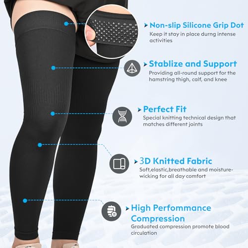 KEKING Full Leg Compression Sleeves, 20-30mmHg Graduated, Unisex, Running - color: All Black, size: Large