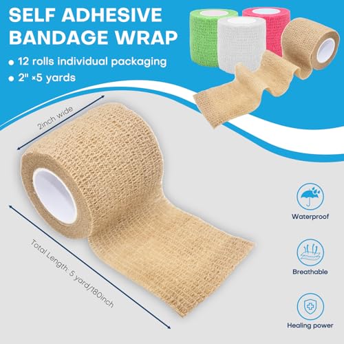 Cohesive Bandage Wrap 2 Inch x 5 Yards, 12 Pack Skin Color Self Adhesive Athletic Tape for Medical First Aid, Injury Recovery & Sports Wraps - color: Skin