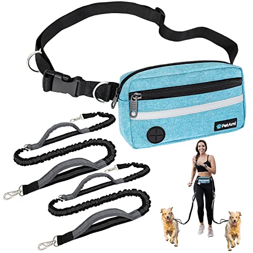 PetAmi Hands Free Dog Leash Waist Belt Bag Fanny Pack, Double, Sea Blue - color: Turquoise, size: 2 Leashes