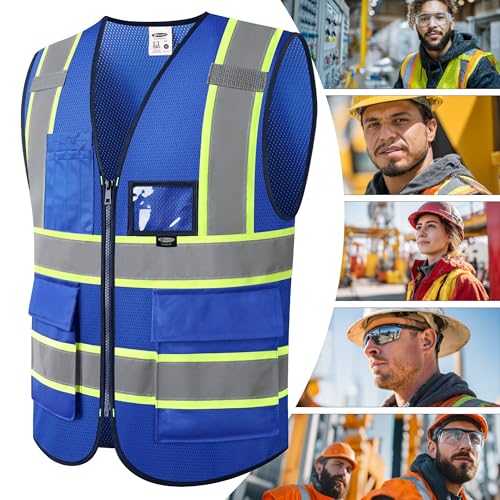 JKSafety Safety Vest for men women Hi Vis Vest with Pockets and Zipper High Visibility Reflective Vests BX320 - color: Blue, size: X-Large