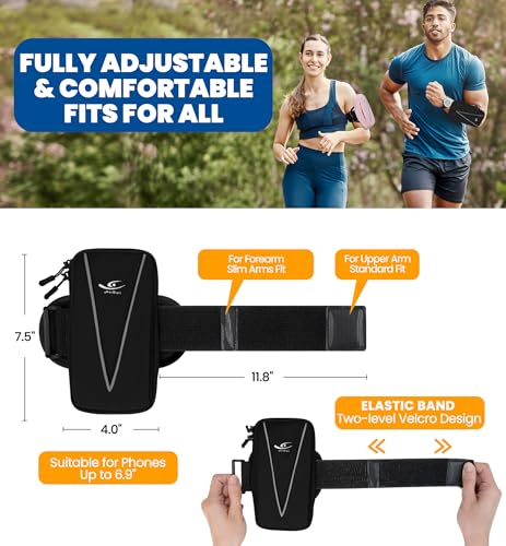 HiRui Cell Phone Holder Arm Bag & Wrist Bag for Phone, Sports Running Armband for Gym & Cycling, Compatible with iPhone 17/17Pro/Plus/16/15 Samsung Galaxy All Phones, Reflective & Adjustable (Black) - color: Black