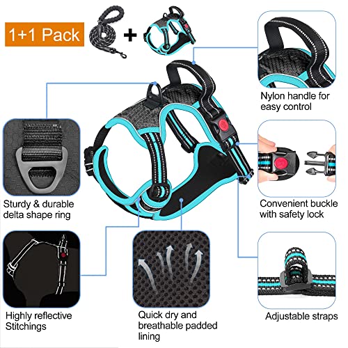 tobeDRI No Pull Dog Harness Adjustable Reflective Oxford Easy Control Medium Large Dog Harness with A Free Heavy Duty 5ft Dog Leash, Black/Blue, XL - color: Black/Blue, size: X-Large