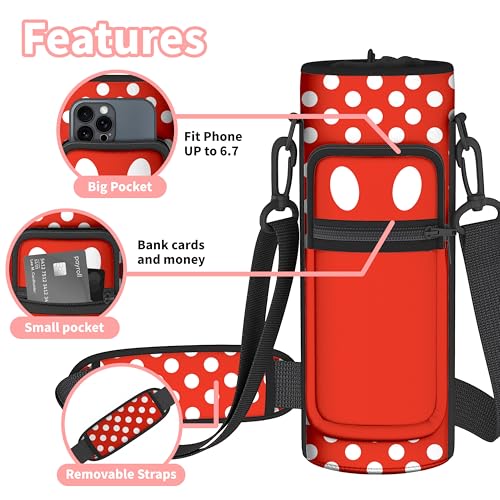 Water Bottle Holder with Strap, 18-32oz Water Bottle Carrier Sling Bag - color: Red Polka Dots
