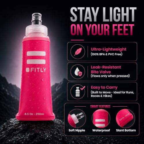 FITLY Soft Flask Running Water Bottle - Collapsible Hydration Flask - color: Pink, size: 8.5 Ounces