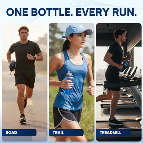 Handheld Running Water Bottle 18 oz – Grip-Free Collapsible Water Bottles for Running with Adjustable Strap & Thumbhole, Expandable Phone Pocket, Race Cap for One-Hand Drinking - color: Blue