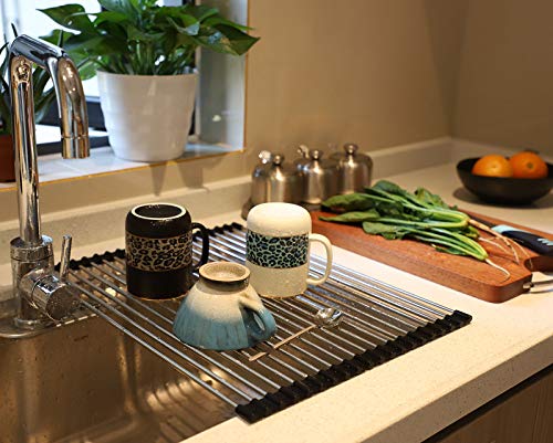 Ahyuan Roll up Dish Drying Rack Over The Sink Kitchen Roll up Sink Drying Rack Stainless Still Portable Drainer Foldable Dish Rack (Black, 17.8''X13.5'') - color: Black, size: Rectangle 17.8 inches x 13.5 inches