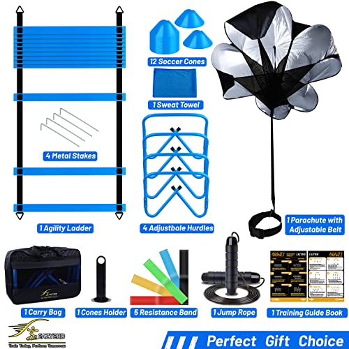 Eazy2hD Speed Agility Training Set- Agility Ladder,12 Cones, 4 Adjustable Hurdles,Parachute, Exercise Workout Equipment Boost Fitness & Increase Quick Footwork