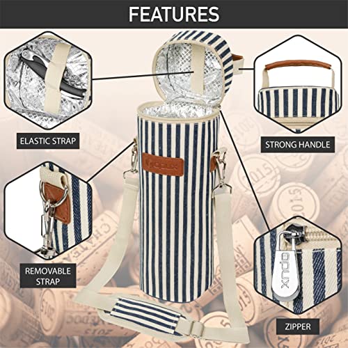 opux Single Bottle Wine Bag Carrier Insulated Cooler Tote, Navy Stripe - color: Navy Stripes