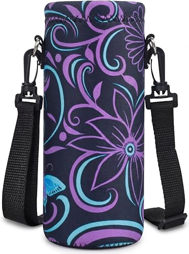 AUPET Water Bottle Sling Bag Carrier Crossbody Sleeve,Insulated Neoprene Bottle Case Holder Pouch Cover 500ML/17oz with Shoulder Strap for Walking Women Men - color: Purple Flower