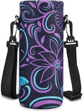 AUPET Water Bottle Sling Bag Carrier Crossbody Sleeve,Insulated Neoprene Bottle Case Holder Pouch Cover 500ML/17oz with Shoulder Strap for Walking Women Men - color: Purple Flower