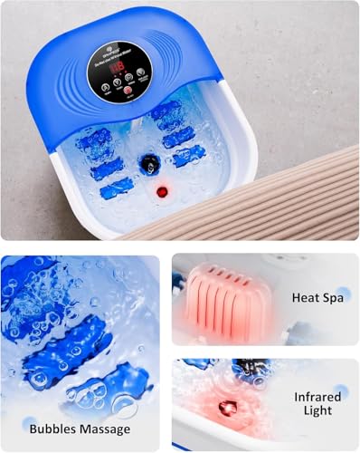 SPA4PIEDS Collapsible Heated Foot Spa Bath with Bubble, Foot Soaking Tub Featuring 8 Shiatsu Rollers, Pumice Stone and Built-in Timer for Mom, Dad and Foot Relaxation (Blue) - color: Blue