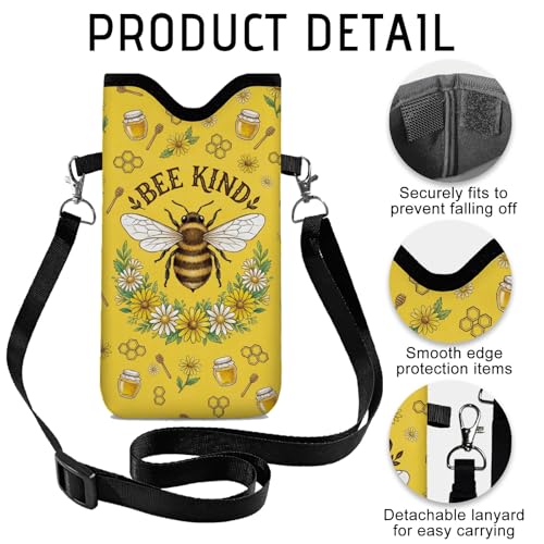 GLOBLELAND Bee Cell Phone Sleeve Pouch Case Bag 7.1×3.9 inch Honey Shockproof Universal Phone Bag with Crossbody Strap Neck Lanyard for Women Men Phone Headphones Watch Yellow - color: Bee