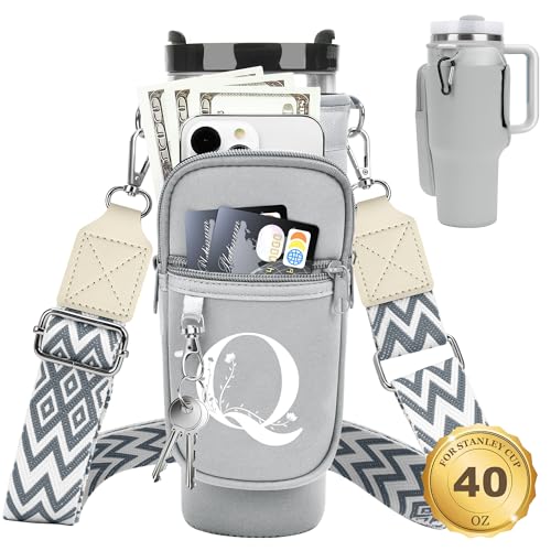 Initial Water Bottle Holder with Strap for Stanley Cup 40 oz Tumbler - color: Gray, style: Q