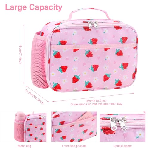 RHCPFOVR Kids Lunch Box for Girls Teens Insulated Lunch Bag Reusable Lunch Tote Kit for School Travel - color: Pink Strawberry