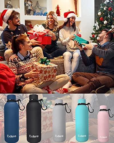 Exllena Slim Insulated Water Bottles for Travel 32oz with Clip, Double Wall Vacuum Stainless Steel Water Bottle Keeps Drinks Cold 24 Hrs/Hot 12 Hrs, 100% Leakproof, BPA Free (Black) - color: Black, size: 1 L