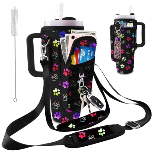Stanley Carrier Bag for Stanley 40oz/30ozTumbler with Phone with 2 Adjustable Strap,3 Pockets Bottle Stanley Cup Carrier Bag & Case,Accessories for Hiking Travelling - color: Dog paw