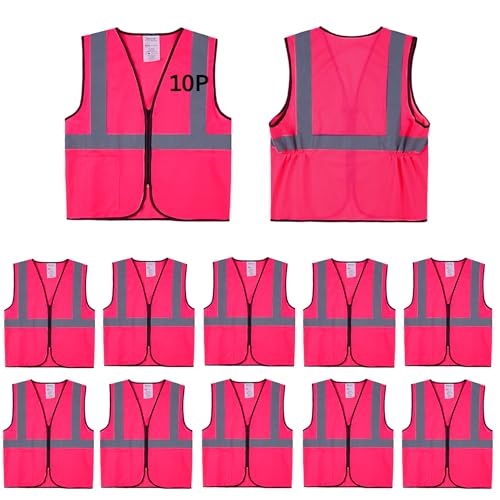 Pink Safety Vests 10 Pack - Reflective High Visibility Construction ANSI Class 2 Work Vests for Men,Woman with Zipper,Hi Vis Mesh and Neon Silver - color: Pink