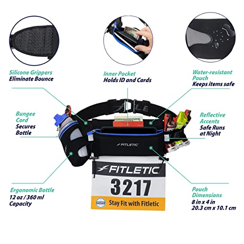 Fitletic Hydration Running Belt With 12oz Quick Flow Water Bottle For Men & Women –Race Belt, Gel Holder & Bib Toggles Patented Bounce Free Design, Water Resistant Fits All Phones –Fully Loaded - size: L/XL (35"-42")