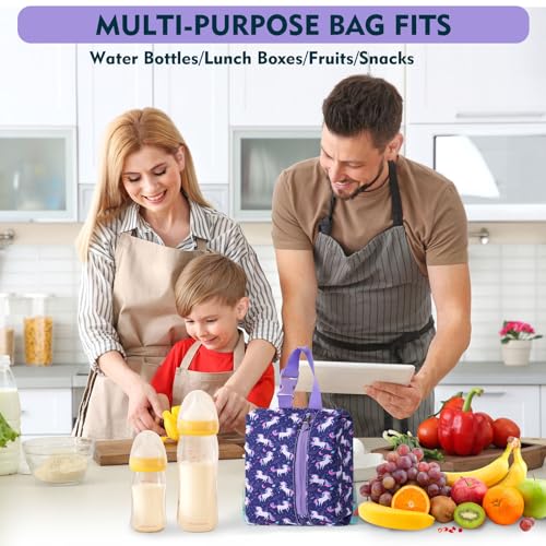 Insulated Snack Bag, Freezable Small Cooler Bag with Zipper and Adjustable Buckle, Rectangular Thermal Cooler Bag - color: Purple Unicorn