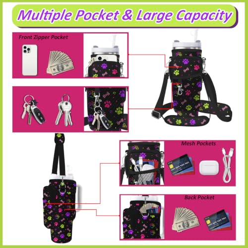 Water Bottle Carrier Bag for Stanley 40/30oz Cup Tumbler with Phone Pocket,Insulated Crossbody Water Bottle Holder with Adjustable Strap,Water Bottle Sling Pouch for Hiking Walking Camping Accessories - color: Neon Dog Paw Leopard Bone
