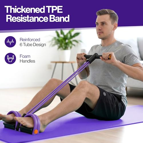 Pedal Resistance Band with Handle, 6 Tube Multifunction Foot Pedal Resistance Band, Arm & Waist Training Tummy Trimmer Ab Workout Equipment for Home Gym Men Women - color: Purple