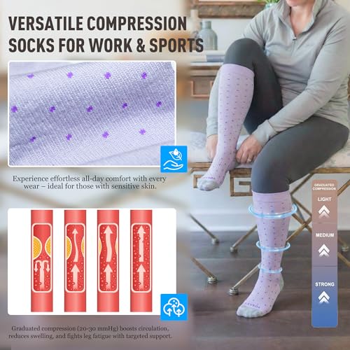 LEVSOX Bamboo Viscose Wide Calf Compression Socks 20-30 mmHg with Cushioned - color: Colorful Polka Dot, size: Medium