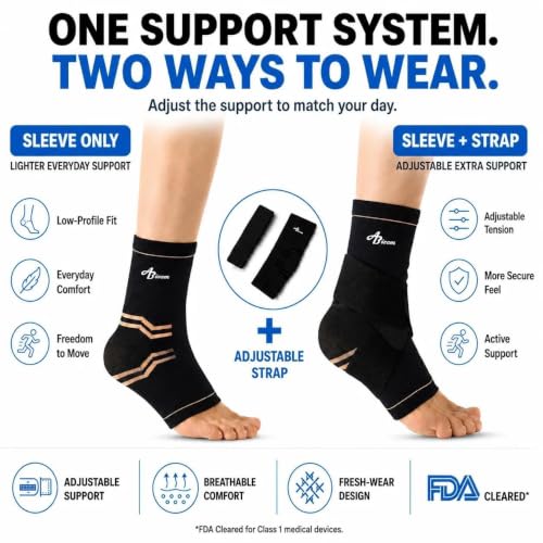 ABIRAM Copper-Infused Ankle Brace Compression Sleeve with Adjustable Strap - color: Copper Black, size: Medium