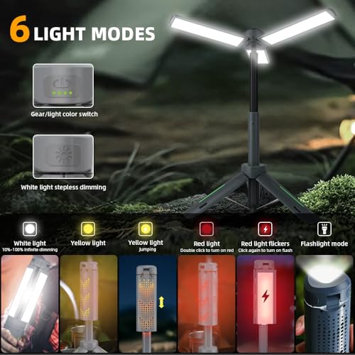 Rechargeable 8000mAh Camping and Work Light with Adjustable Stand 3.4 ft, 3000 Lumen Cordless Work Light Featuring 3 Adjustable Heads, Dimmable Emergency Flashlight with Telescopic Tripod